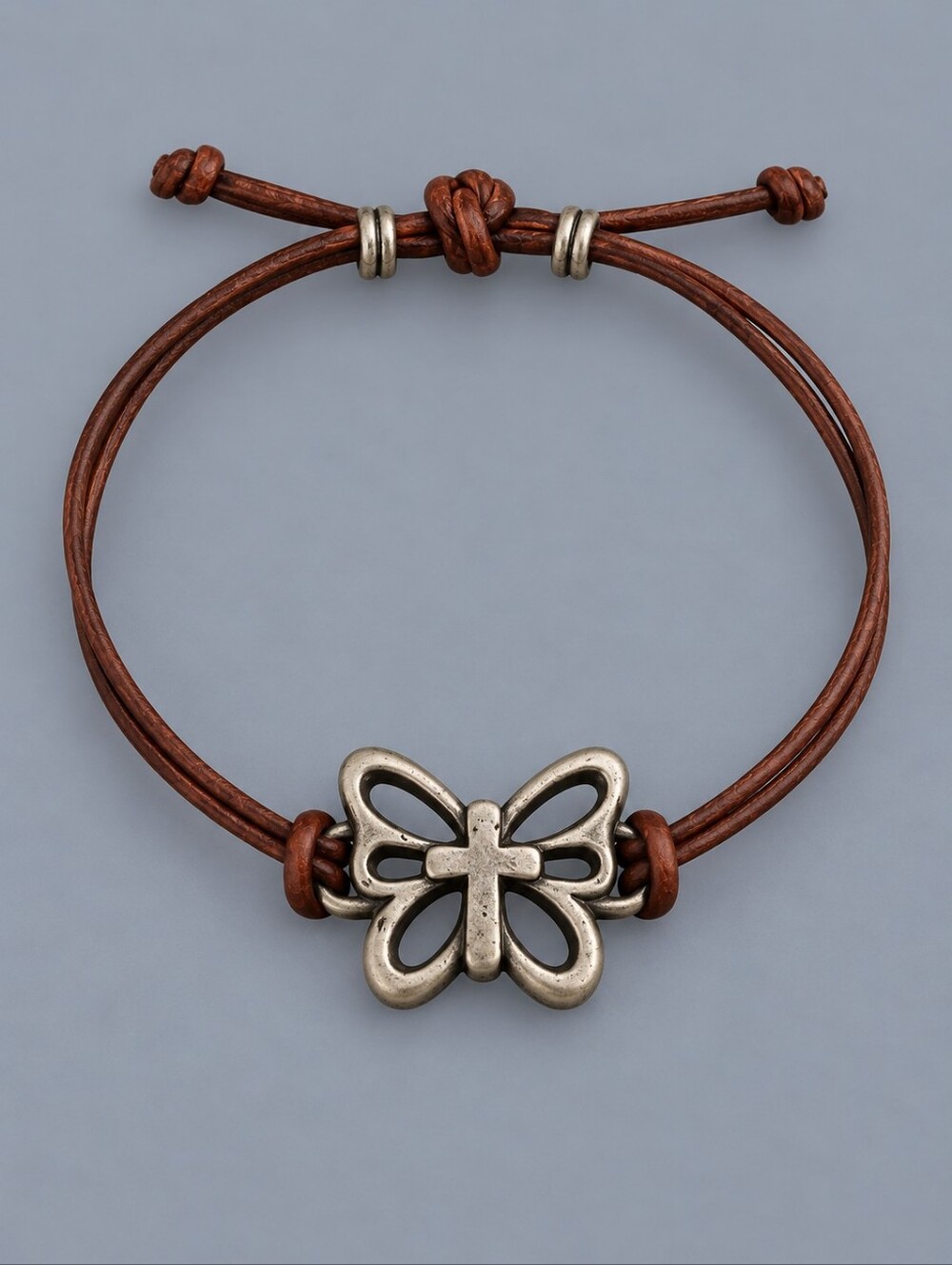 Vtg BSD Silvertone Cross Butterfly Scripture 2 Cor. 5:17 Leather Bracelet